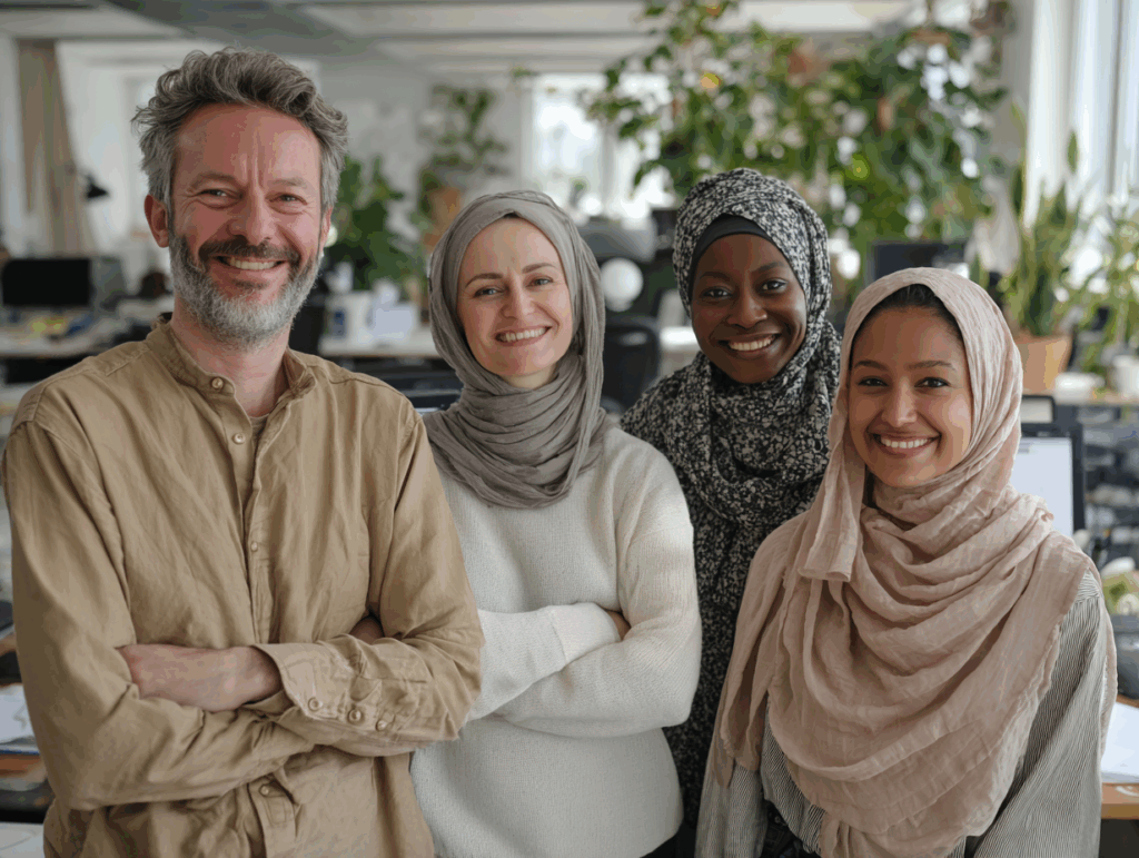 Multicultural coworkers enthusiastically watching something on mobile device